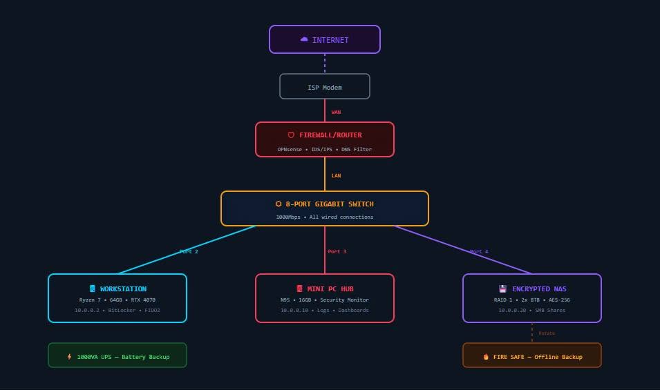 Home network diagram: internet, firewall/router, gigabit switch, workstation, mini-PC hub, encrypted NAS, UPS, offline backup