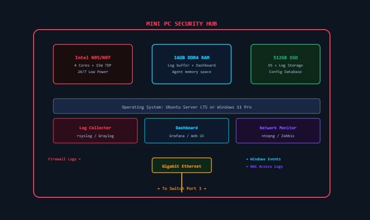 Mini-PC security hub: log collector, dashboard, and network monitor on low-power hardware