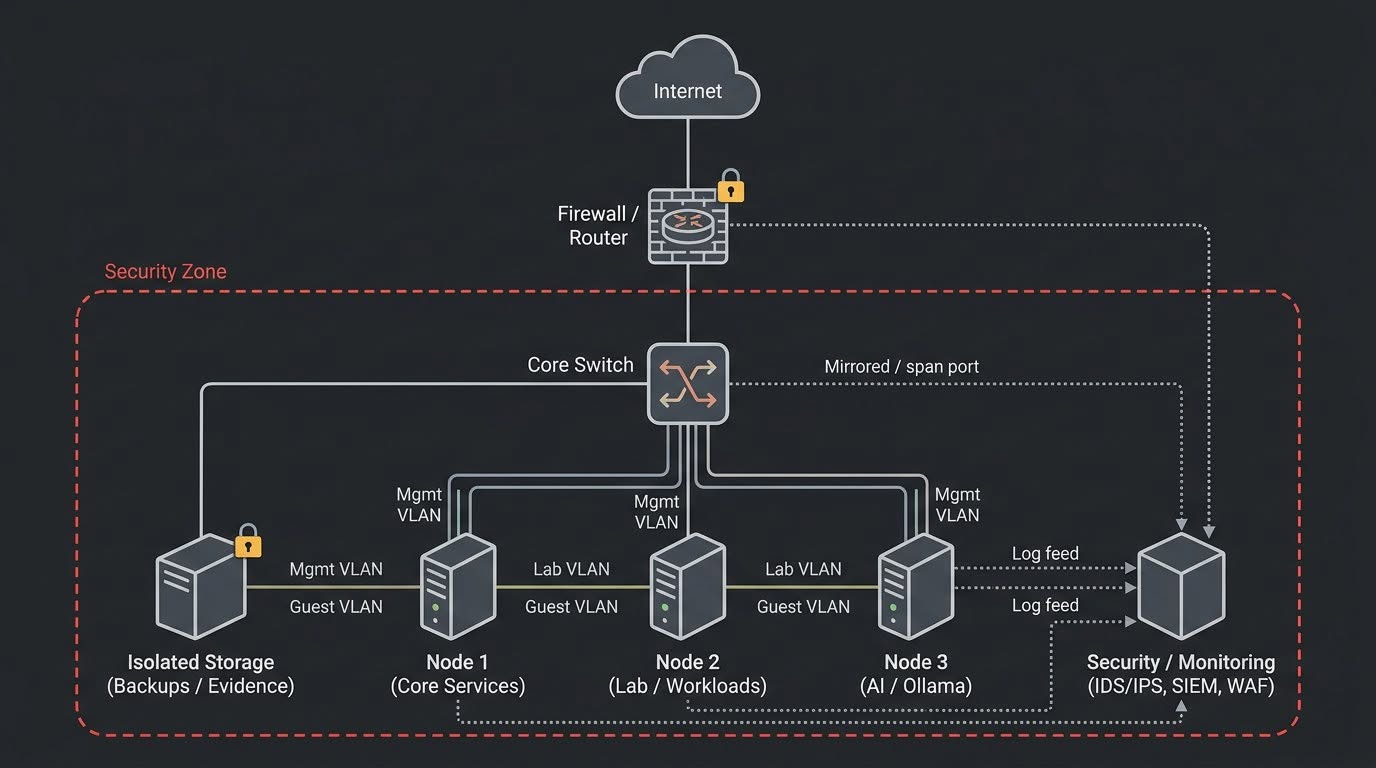 Business security-zone diagram with VLANs, firewall/IDS/IPS, isolated storage, AI node, and SIEM/WAF monitoring
